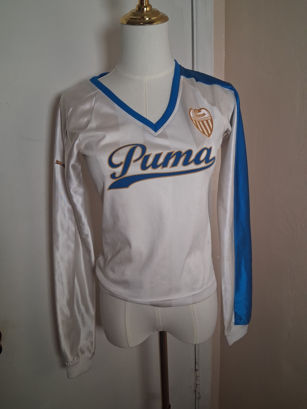 Puma Vintage White V-Neck Sweater with Blue Sleeve and Gold Logo